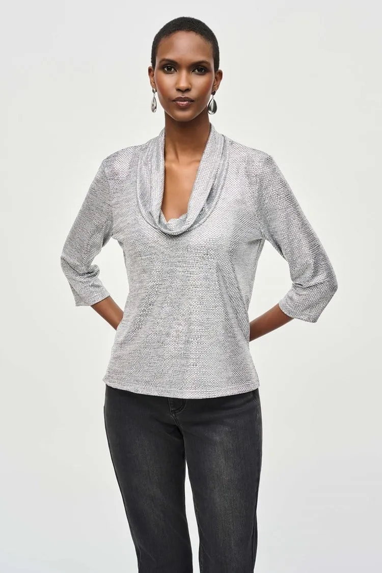 Joseph Ribkoff Grey/Silver Foiled Knit Cowl Collar Top