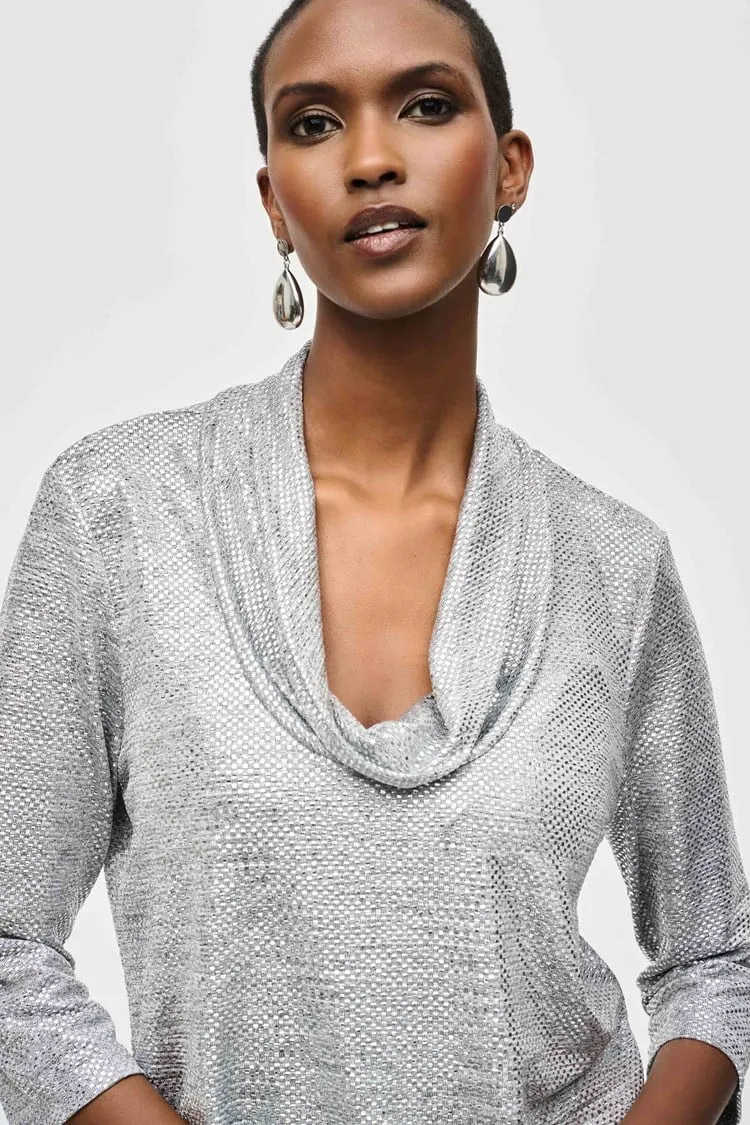 Joseph Ribkoff Grey/Silver Foiled Knit Cowl Collar Top