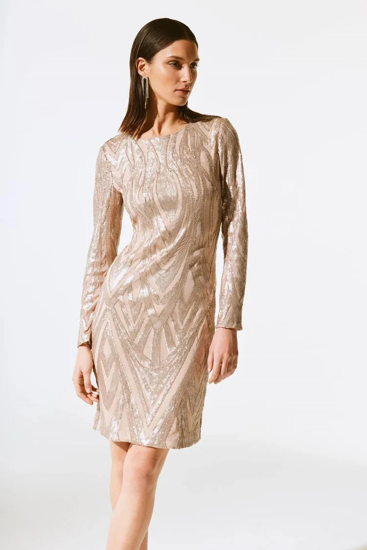 Joseph Ribkoff Matte Gold Placement Sequins Sheath Dress