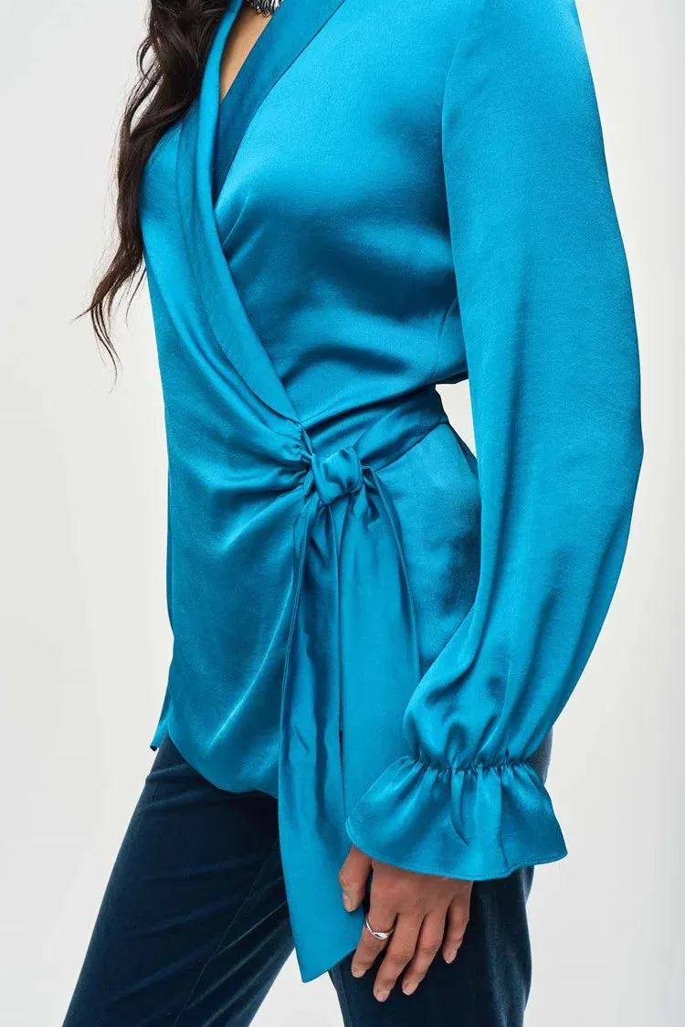 Joseph Ribkoff Pacific Blue Satin Wrap Blouse