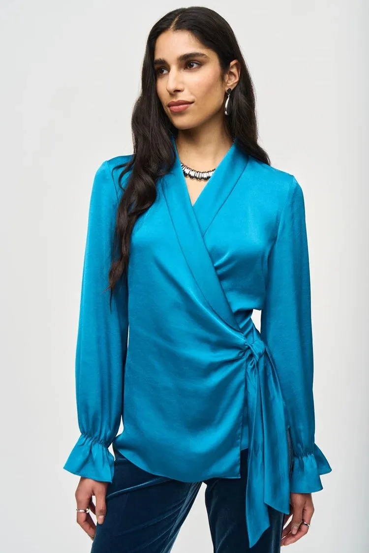 Joseph Ribkoff Pacific Blue Satin Wrap Blouse