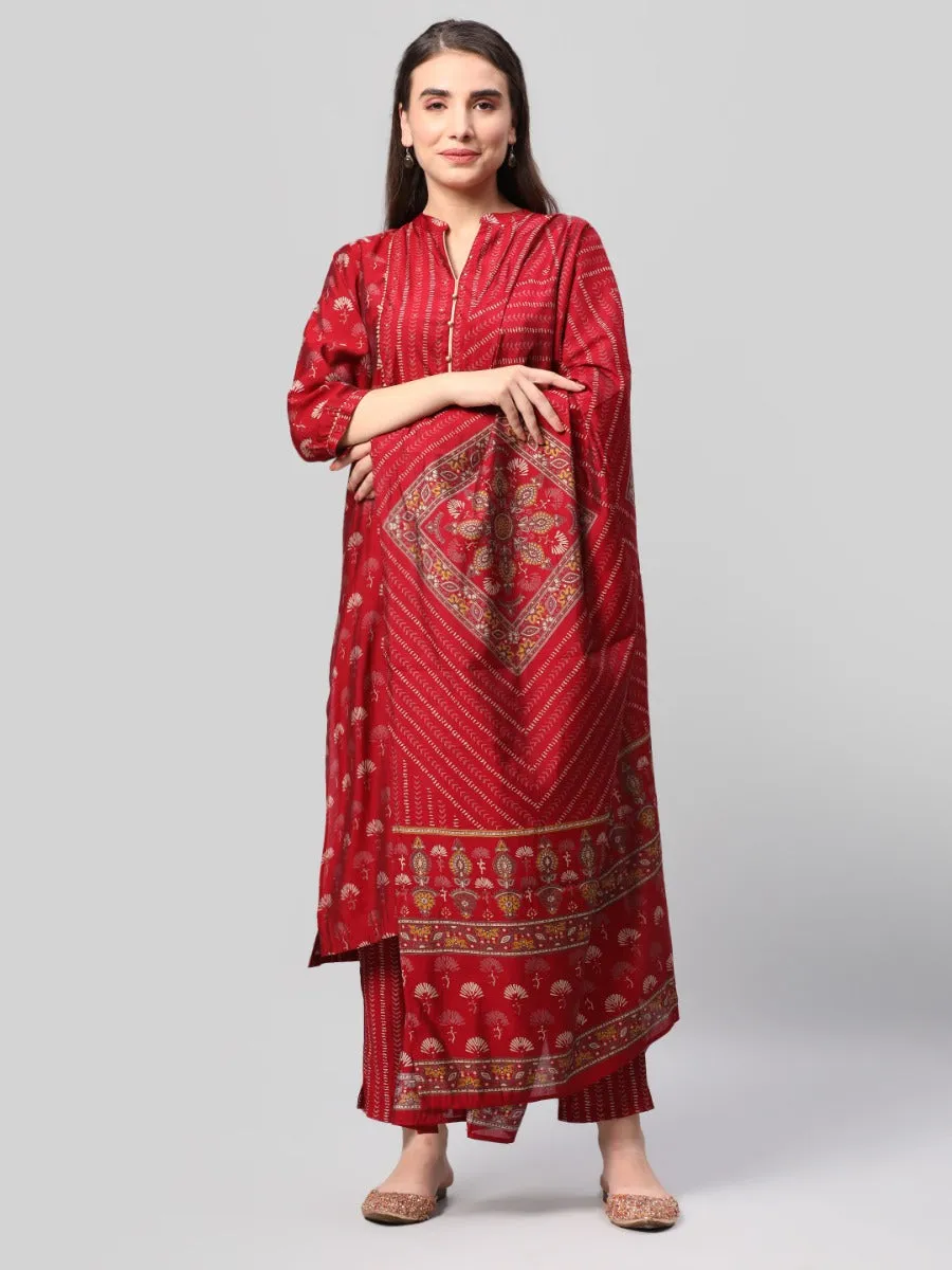 Maroon Floral Printed Kurta Trouser Dupatta