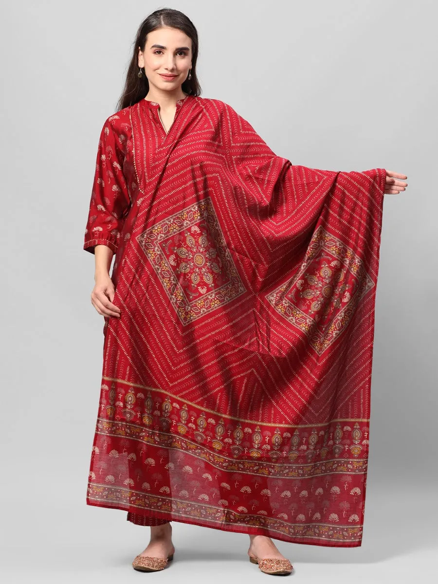 Maroon Floral Printed Kurta Trouser Dupatta