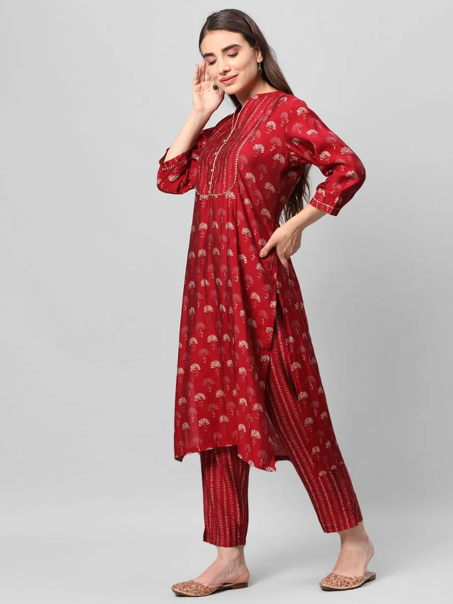 Maroon Floral Printed Kurta Trouser Dupatta