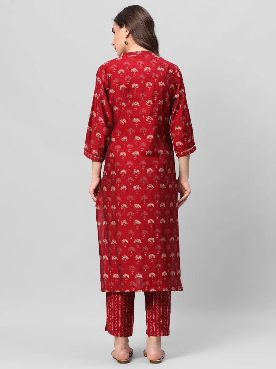 Maroon Floral Printed Kurta Trouser Dupatta