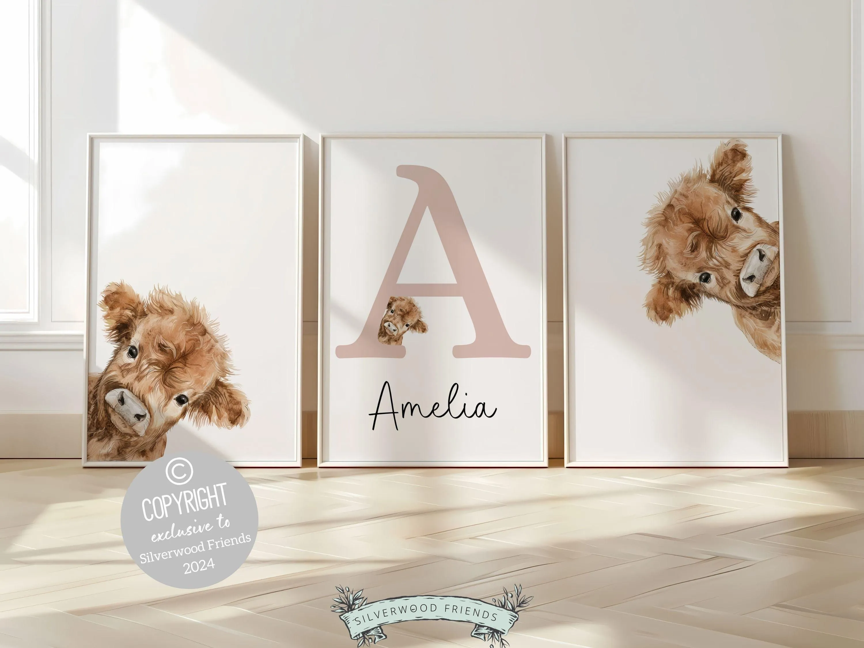 Peeking Highland Cow Nursery Prints - Personalised 001