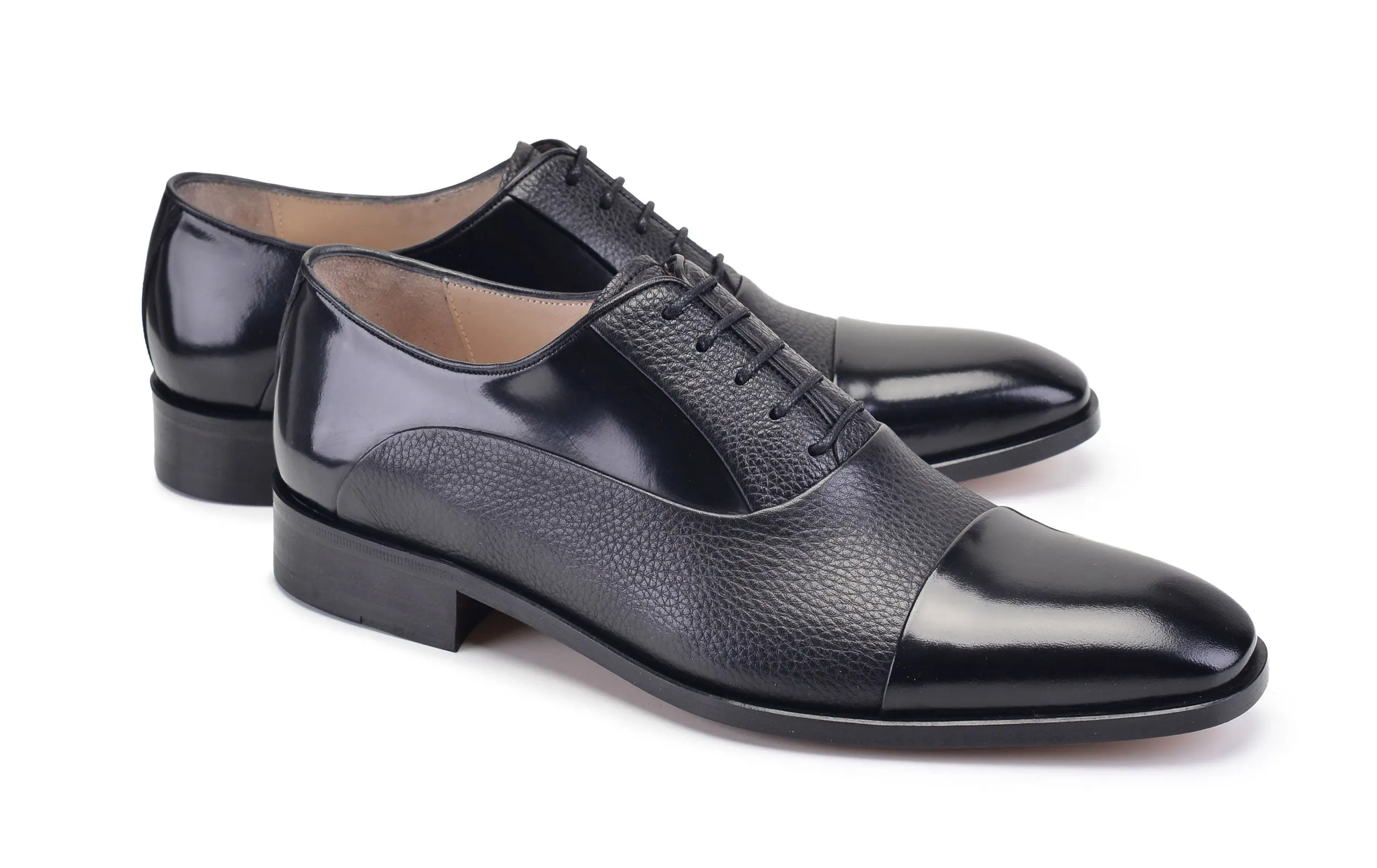 Pelle Deerskin & Polished Calfskin Lace-Up Oxford Black