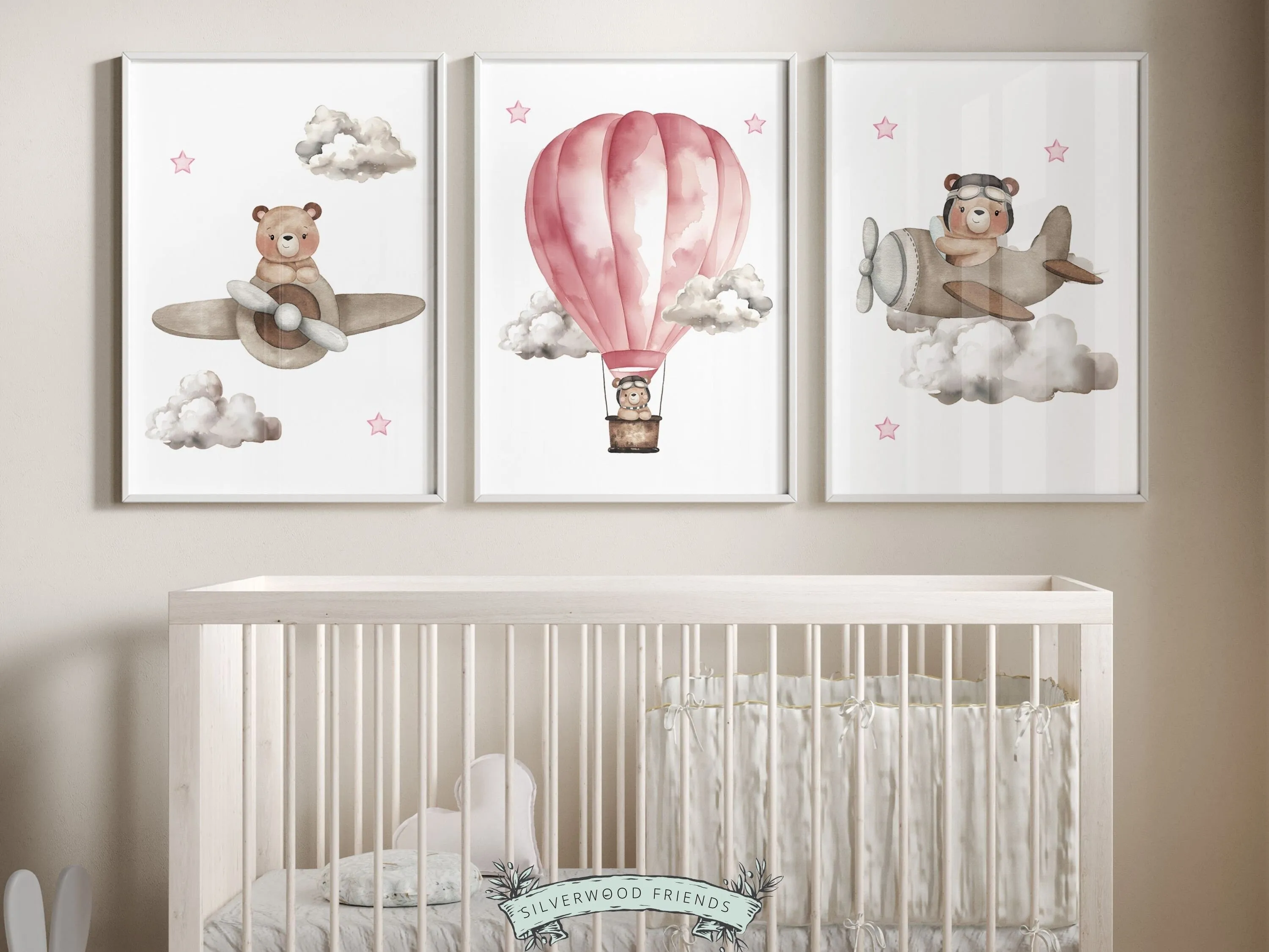 Pink Hot Air Balloon Nursery Print Set of 3