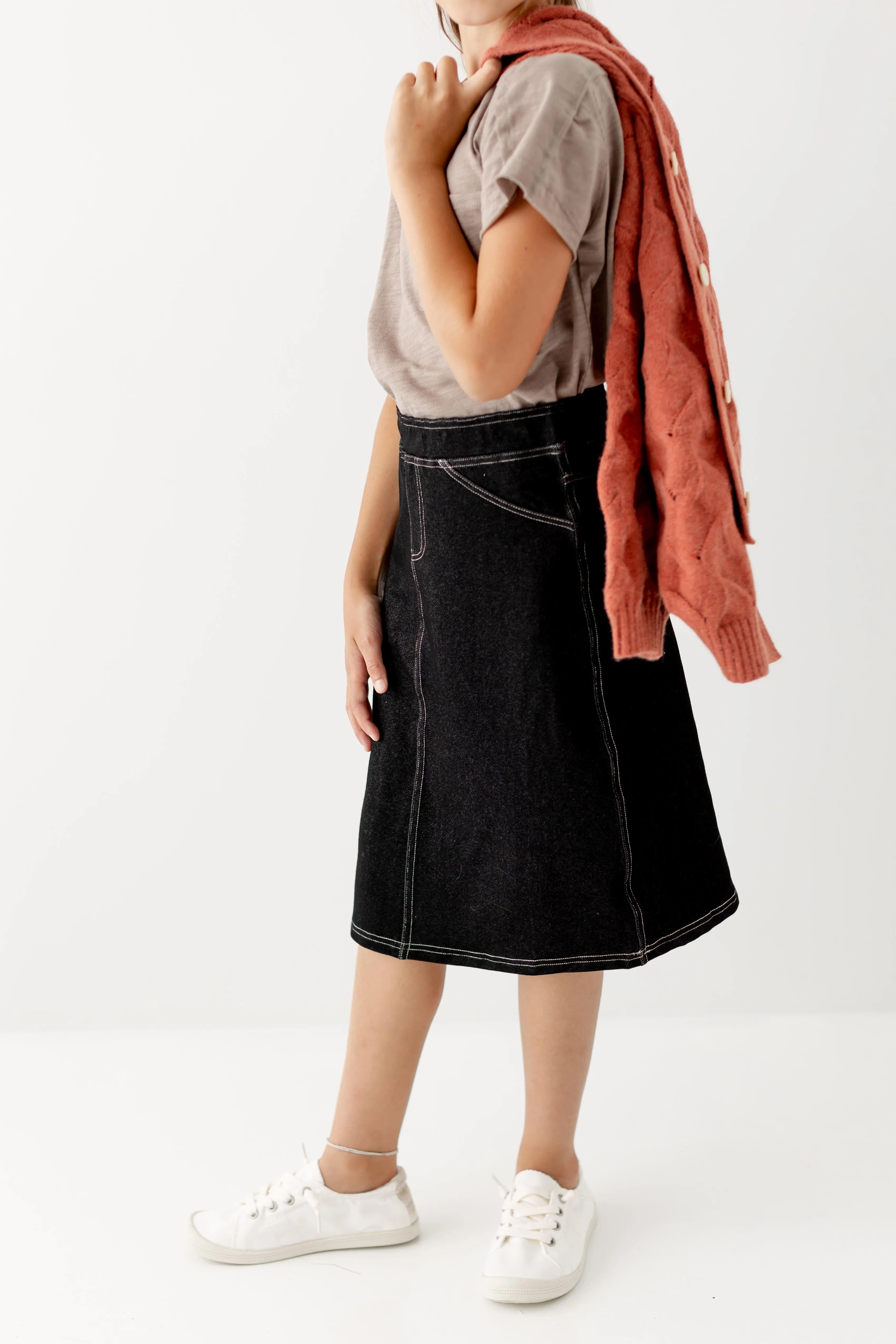 'Piper' Girl Knit Denim Skirt in Black