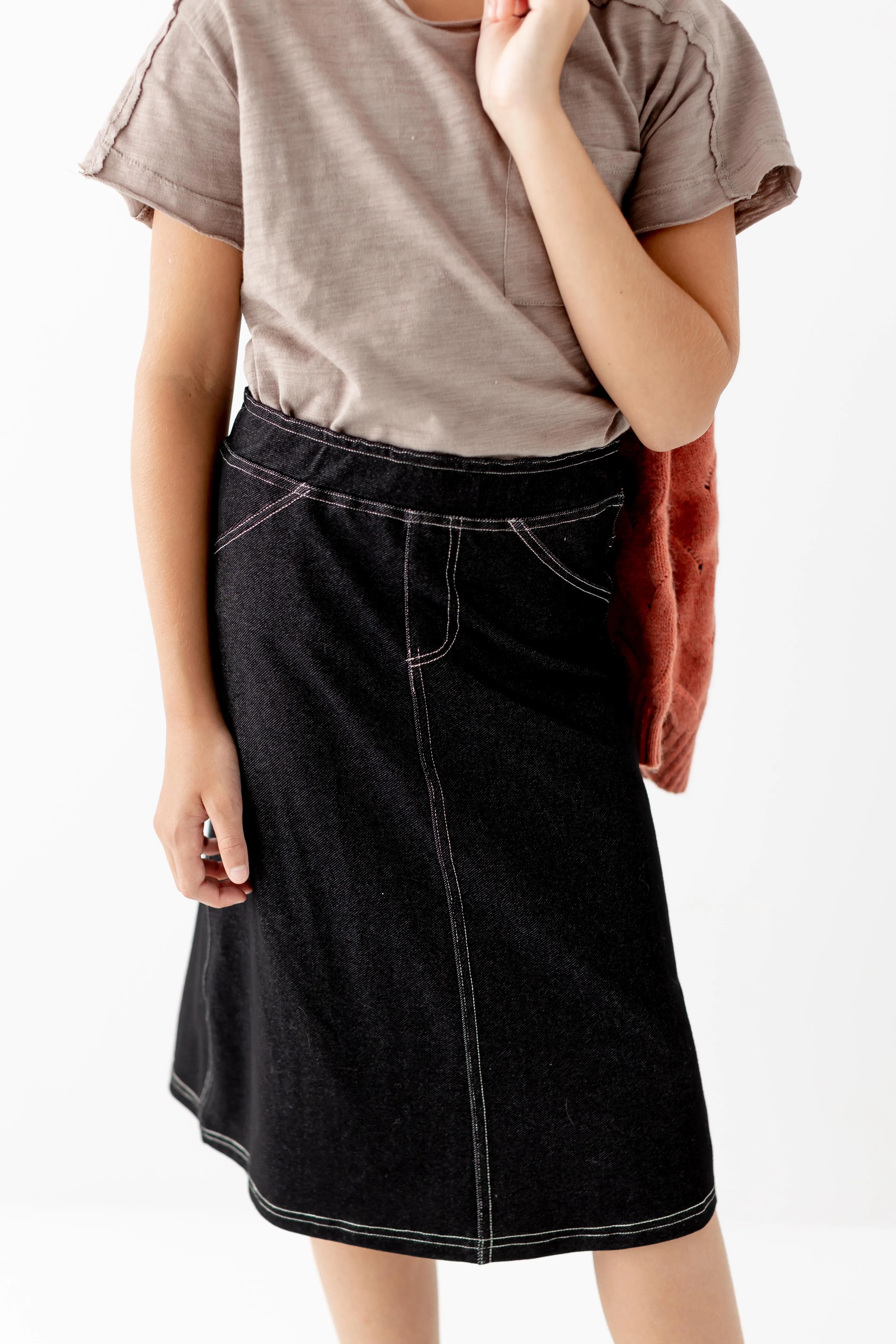 'Piper' Girl Knit Denim Skirt in Black