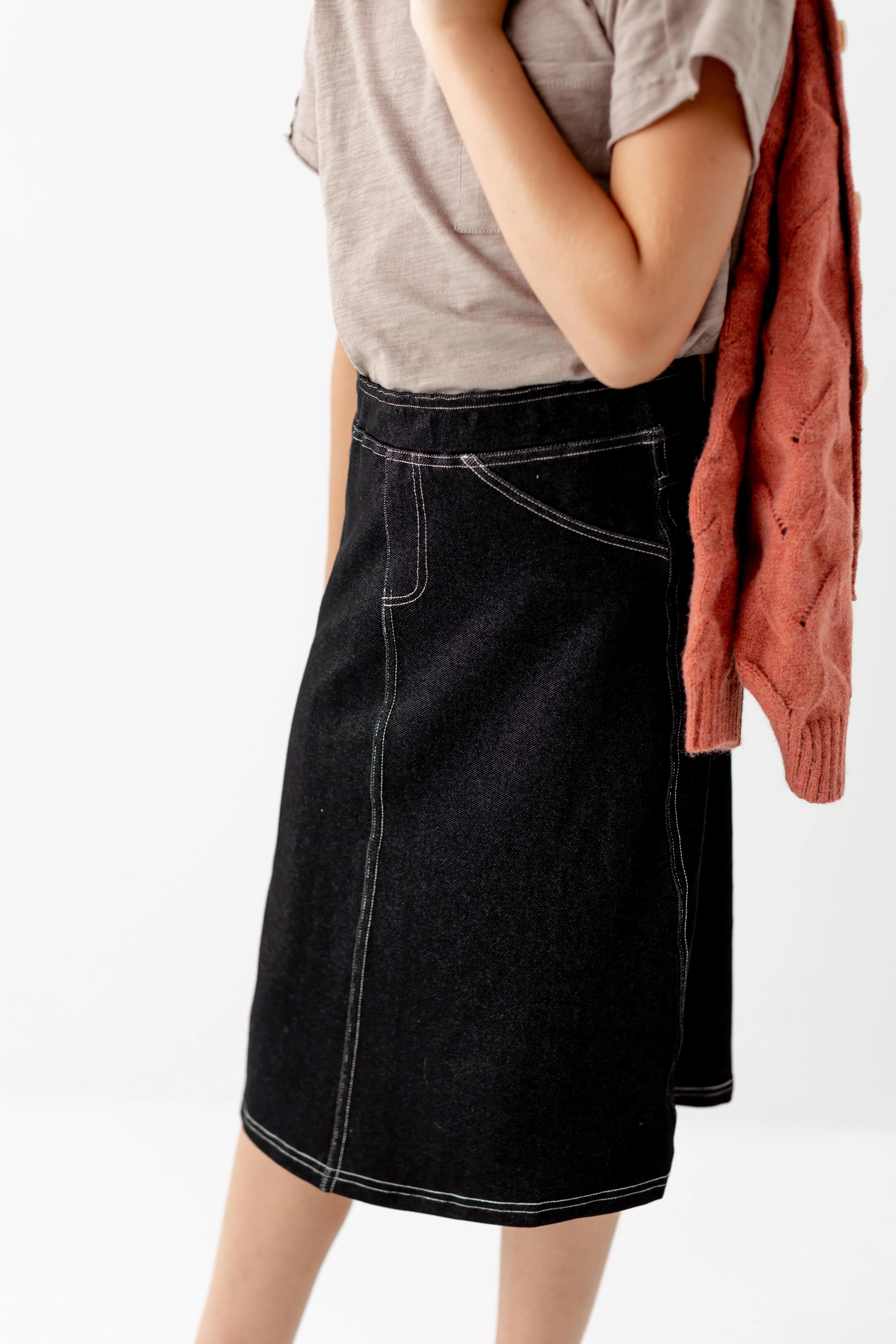 'Piper' Girl Knit Denim Skirt in Black