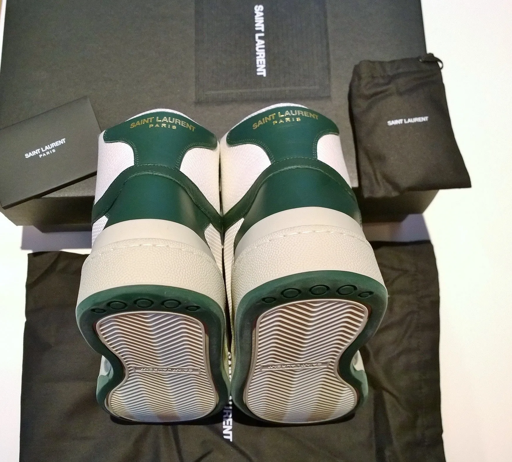 Saint Laurent SL24 High Top Sneakers in White and Green Leather NIB Shoes