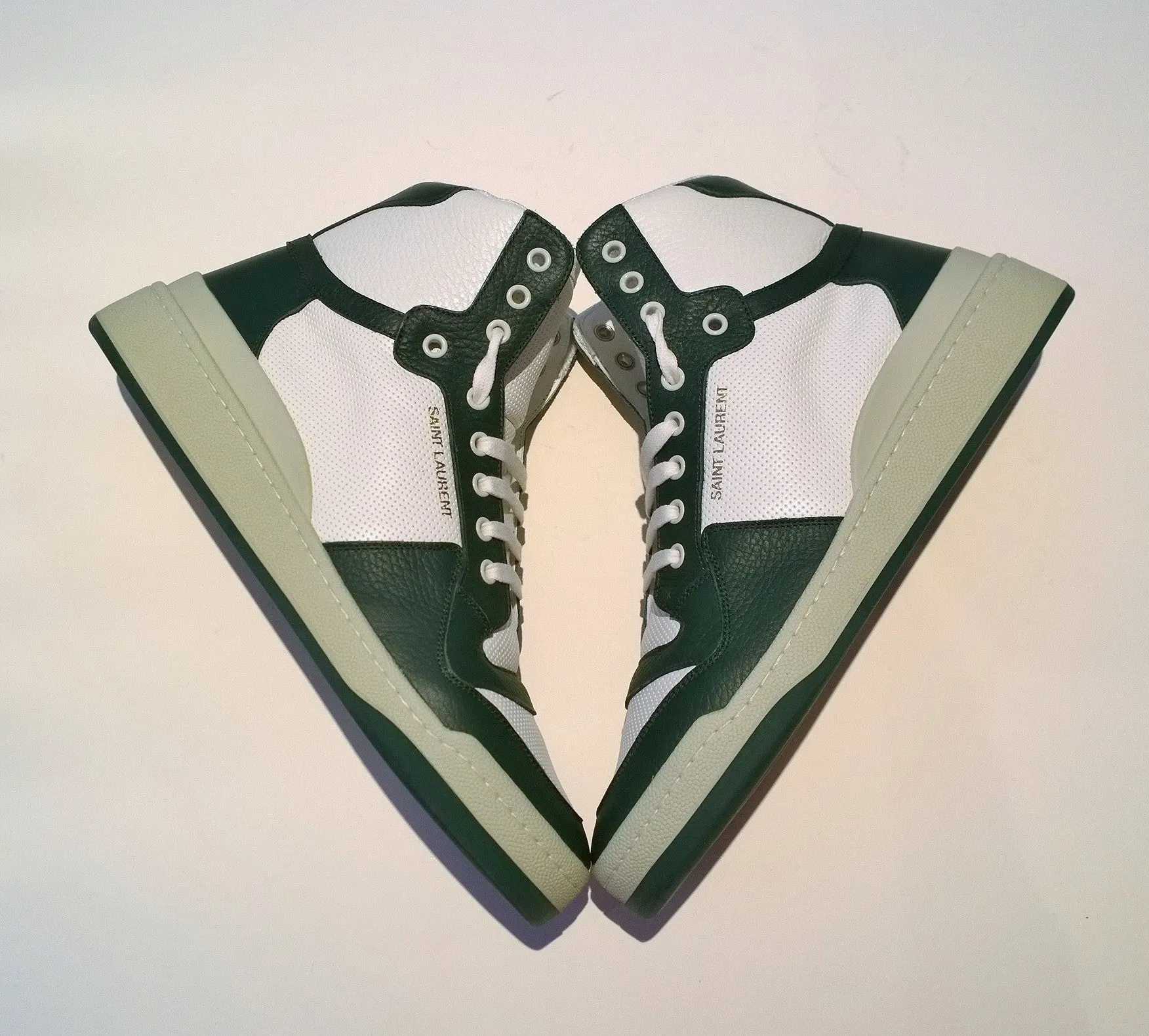 Saint Laurent SL24 High Top Sneakers in White and Green Leather NIB Shoes