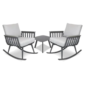 Sorrento Rocker 3pc Occasional Set in Gunmetal with Polywood Teak Accent and Spuncrylic Stone Grey Cushions